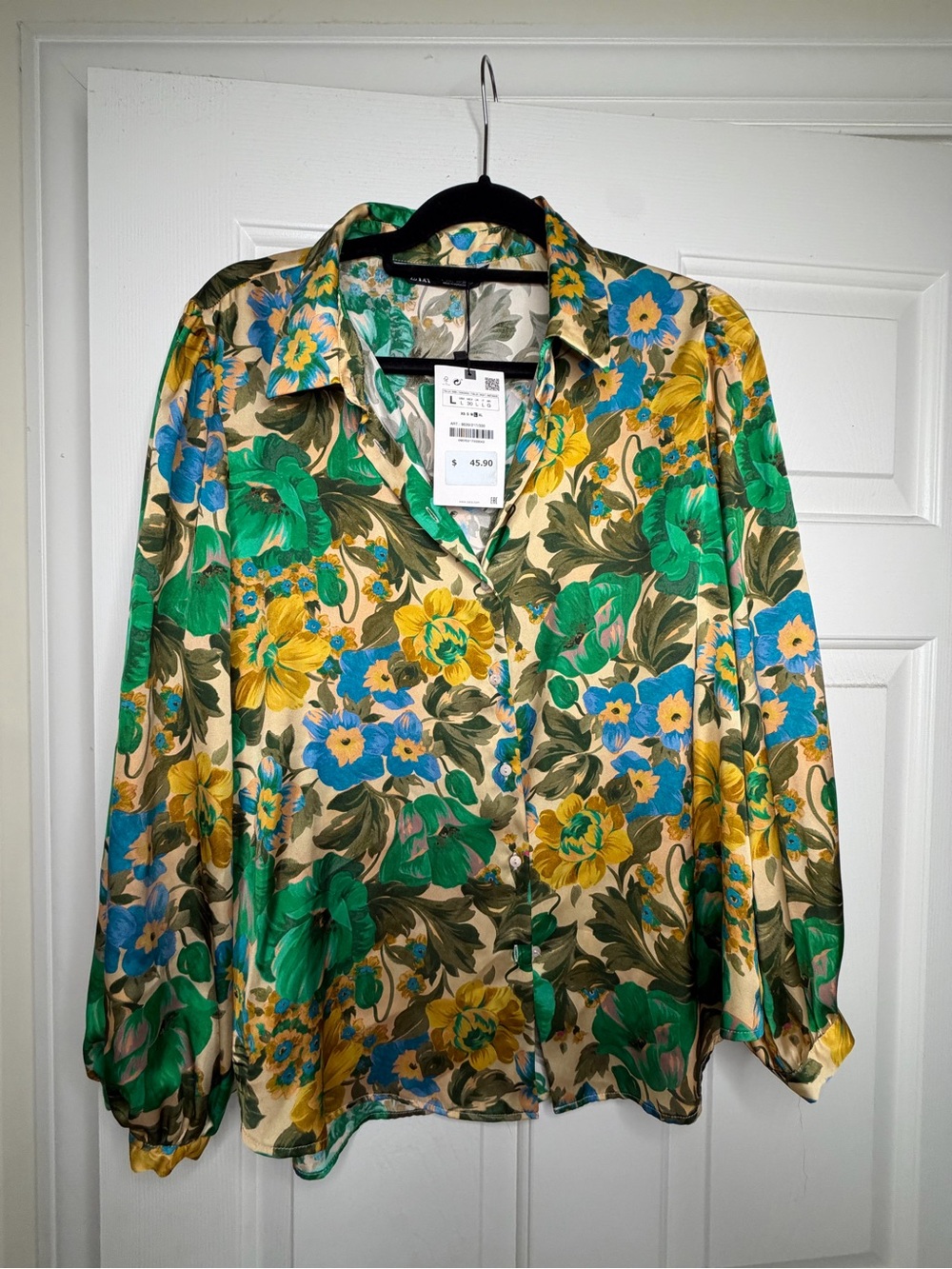 Zara Floral Satin Blouse in Green, Yellow and Blue - Picture 2 of 4